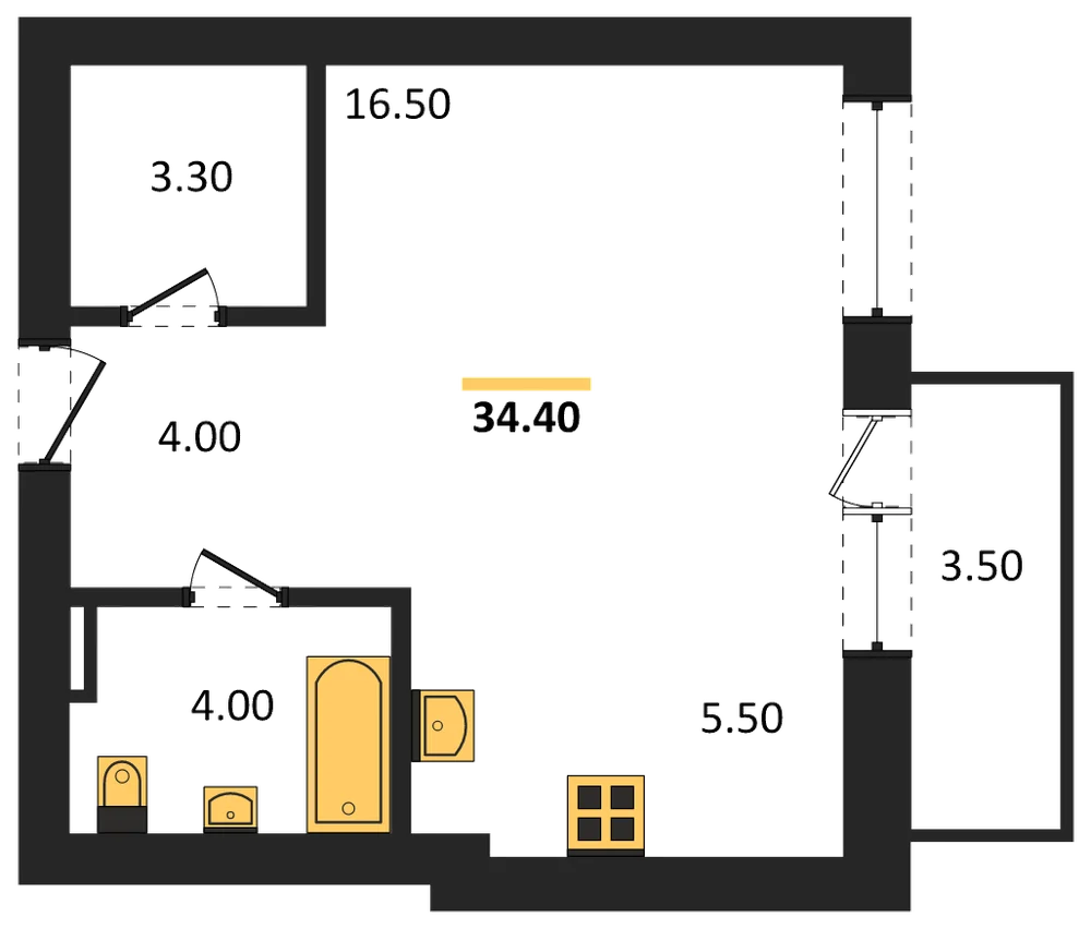 Планировка: Студия, 34,4 м²