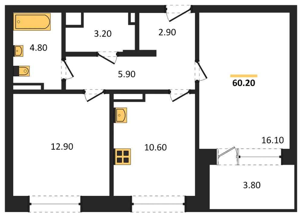 Планировка: 2-комн., 60,2 м²