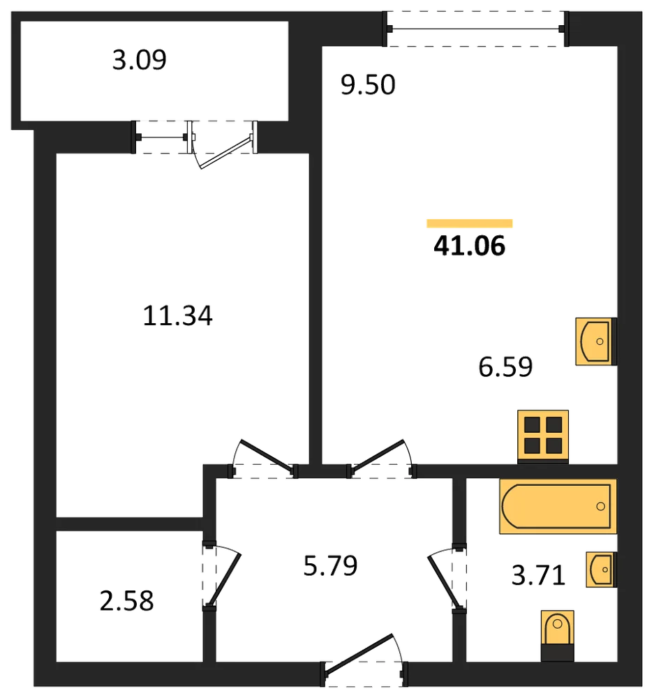 Планировка: 1-комн., 41,1 м²