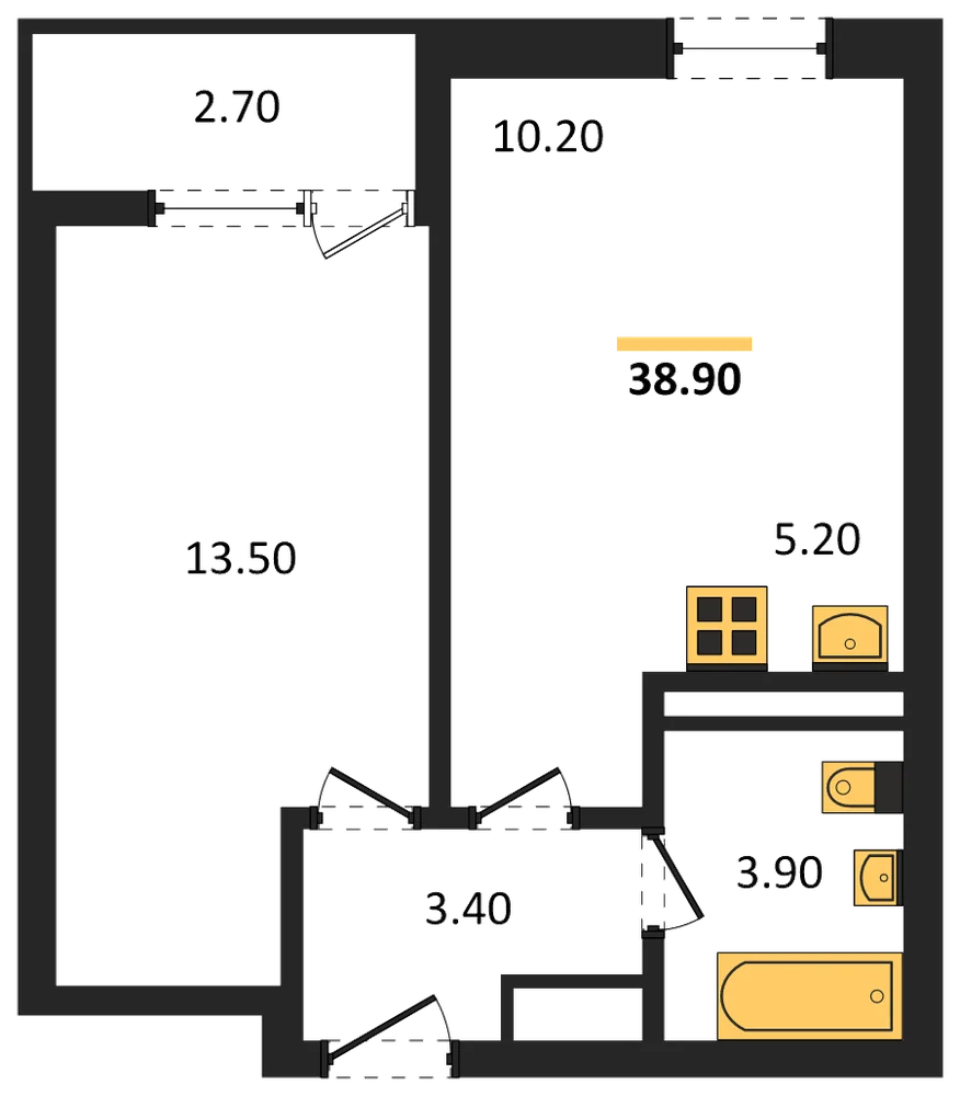 Планировка: 1-комн., 38,9 м²
