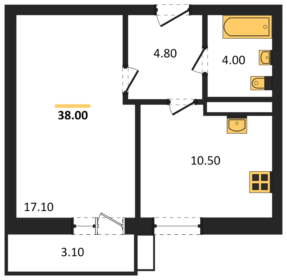 Планировка: 1-комн., 38 м²