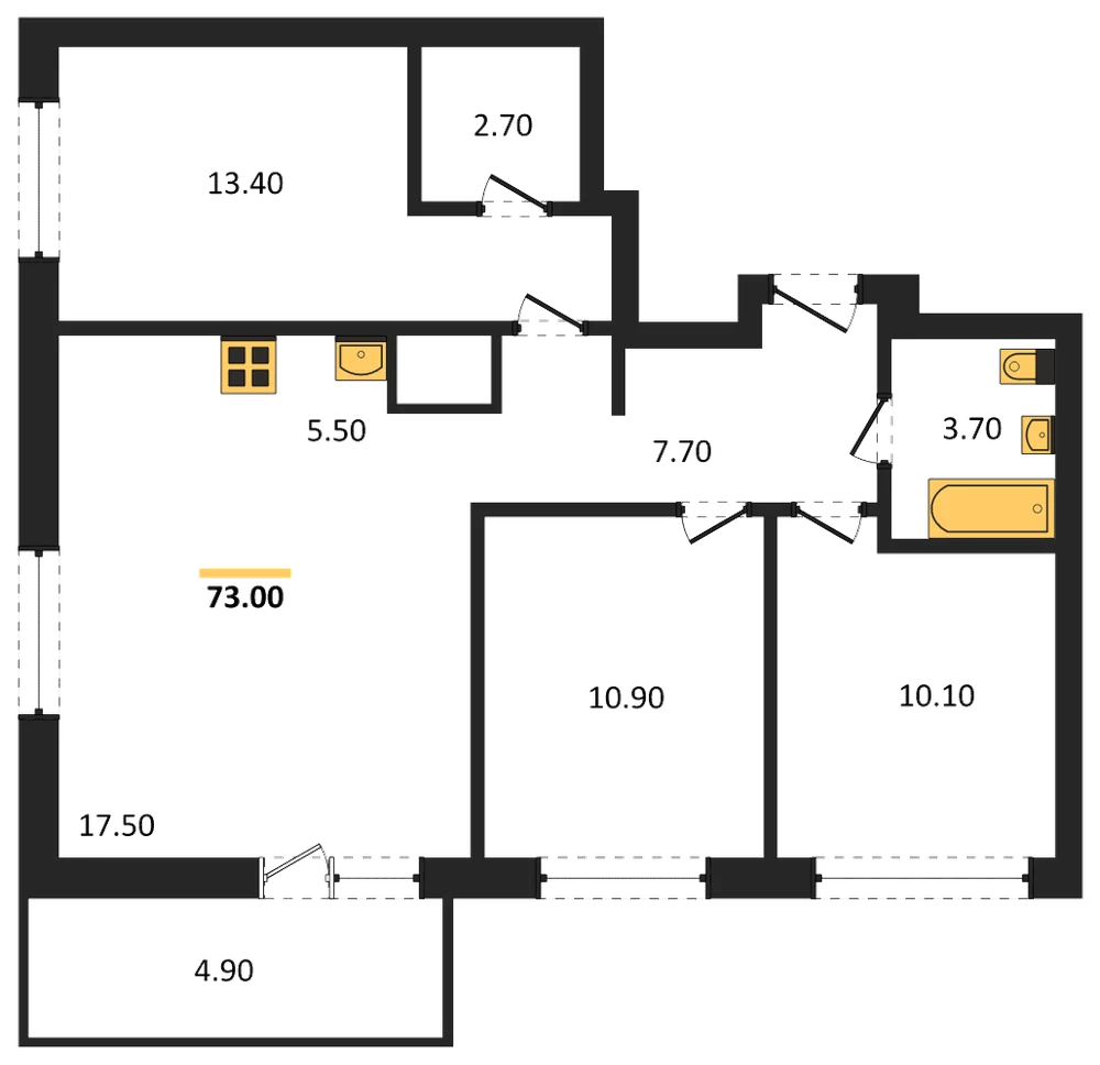 Планировка: 3-комн., 73 м²