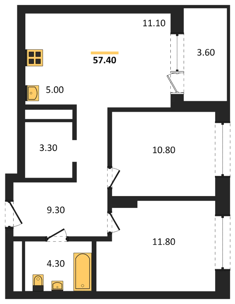 Планировка: 2-комн., 57,4 м²