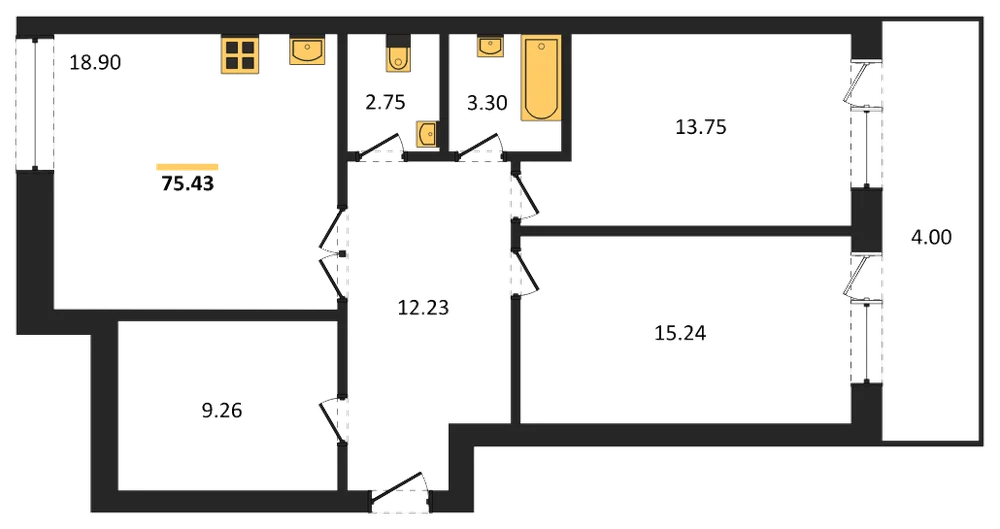 Планировка: 2-комн., 75 м²