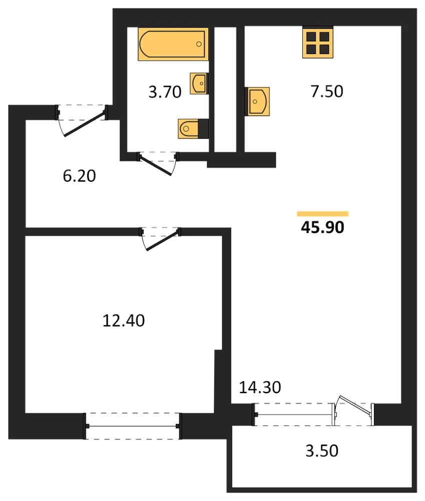 Планировка: 1-комн., 45,9 м²