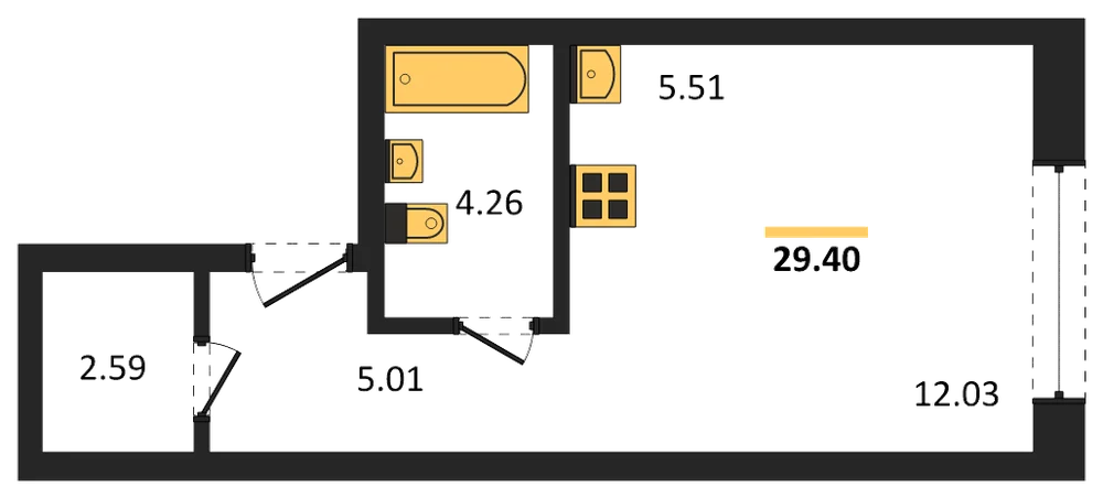 Планировка: Студия, 29,1 м²