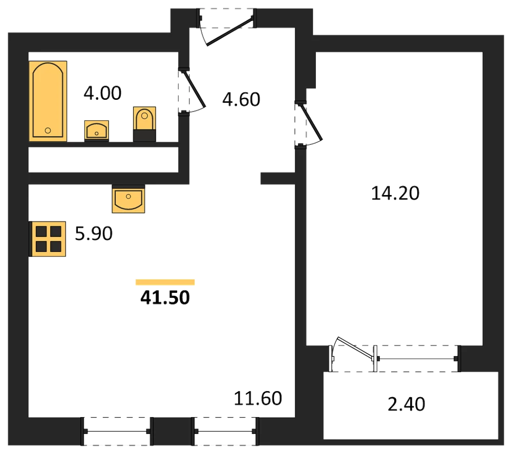 Планировка: 1-комн., 41,5 м²