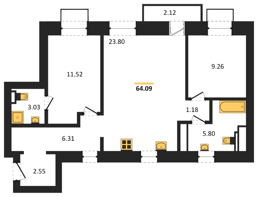 Планировка: 2-комн., 64,1 м²