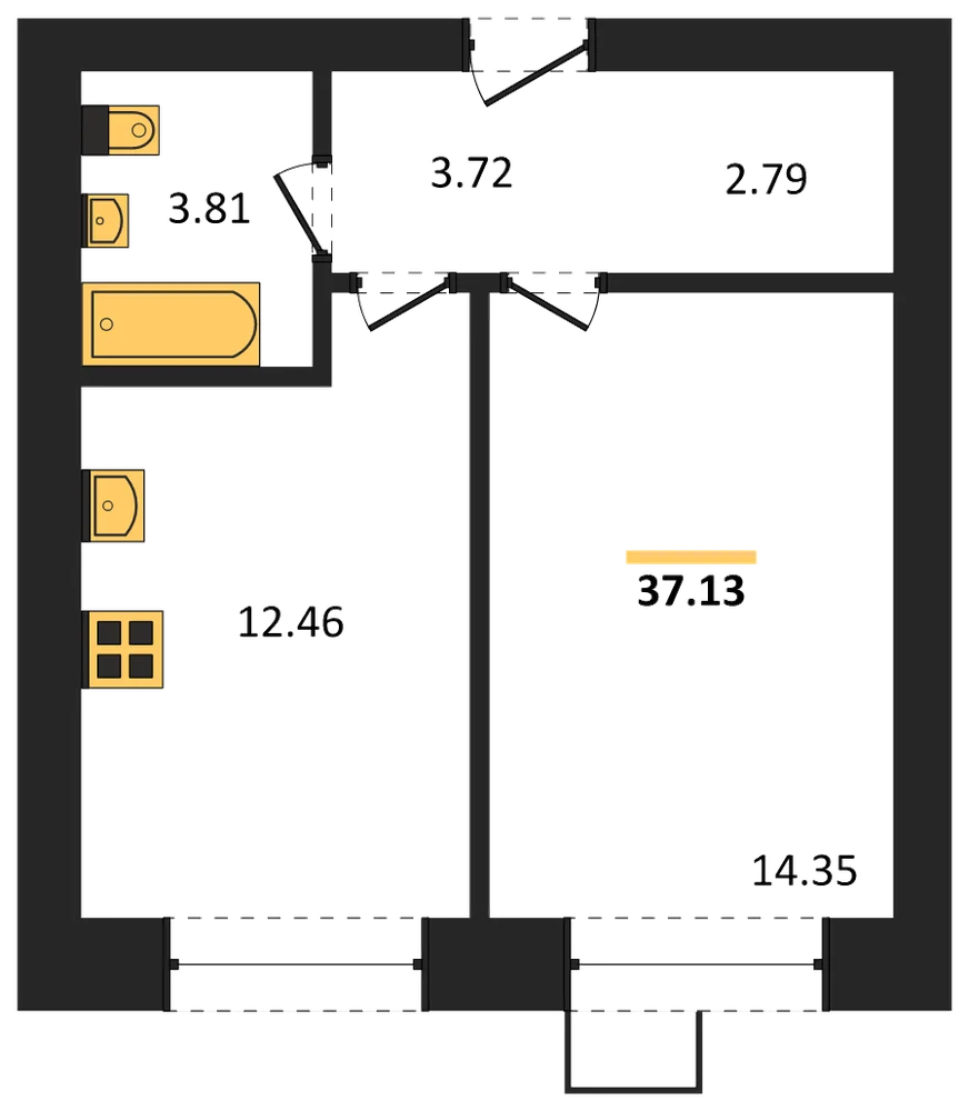 Планировка: 1-комн., 37,1 м²