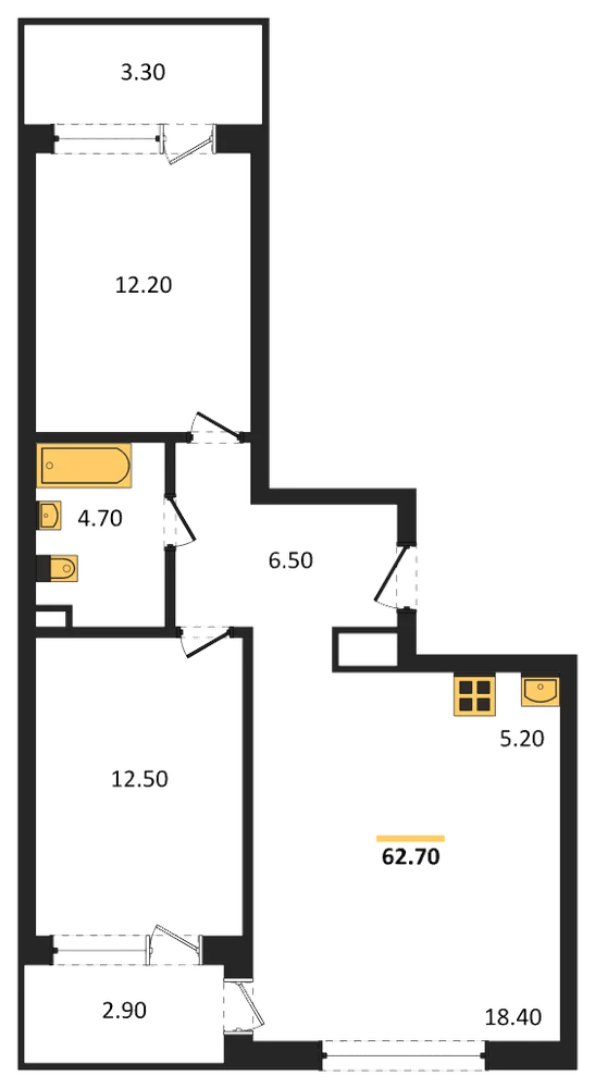 Планировка: 2-комн., 62,7 м²