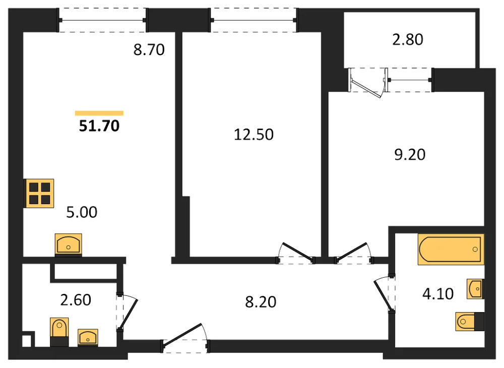 Планировка: 2-комн., 51,7 м²