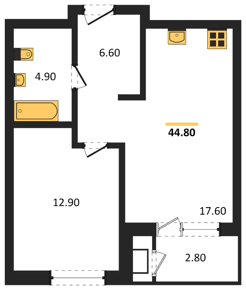 Планировка: 1-комн., 44,8 м²