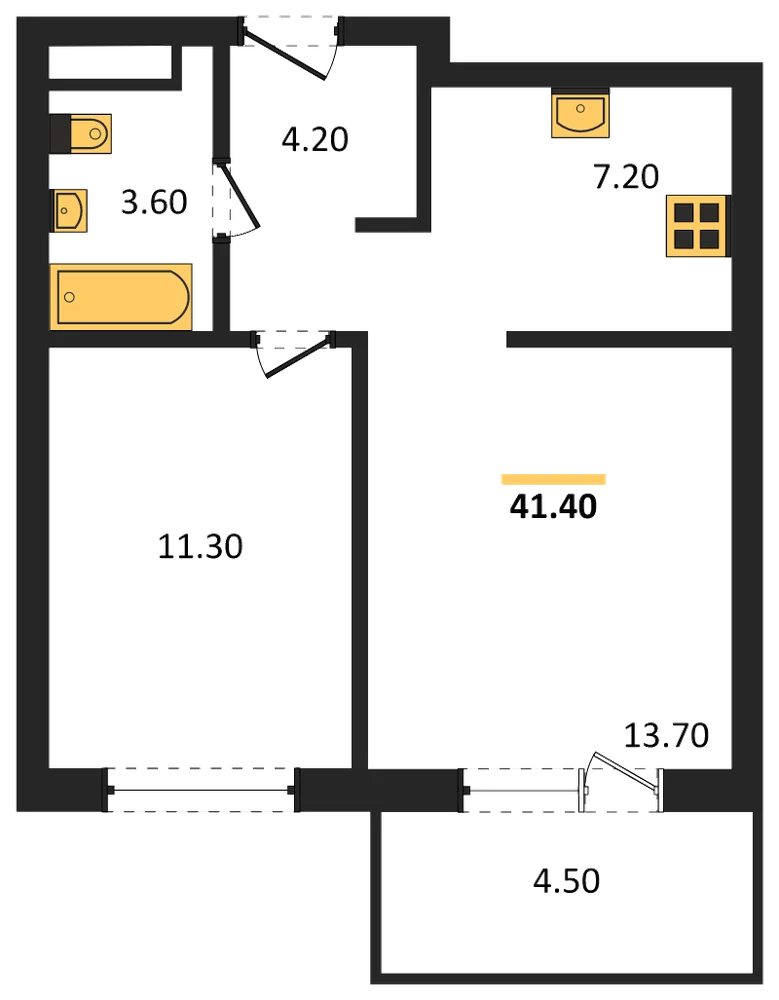 Планировка: 1-комн., 41,4 м²