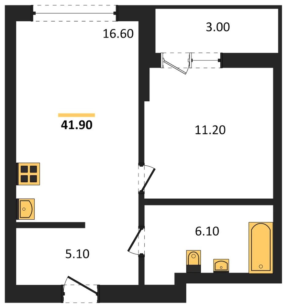 Планировка: 1-комн., 41,9 м²