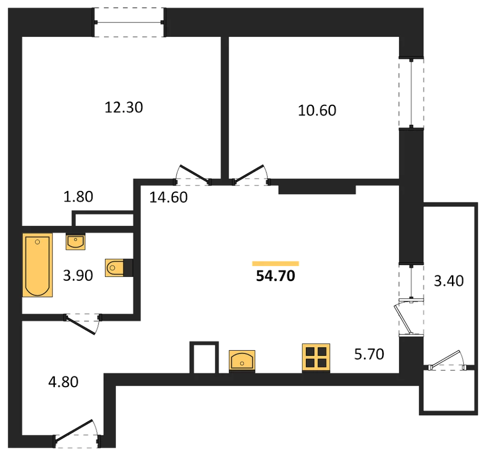 Планировка: 2-комн., 54,7 м²