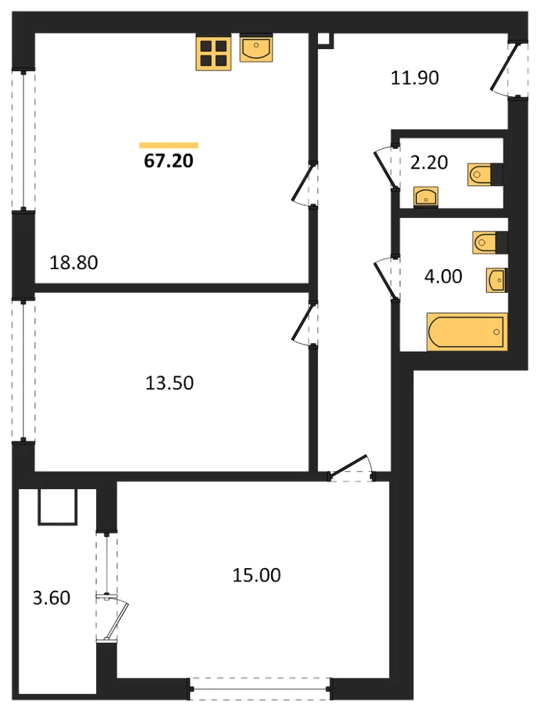 Планировка: 2-комн., 67,2 м²