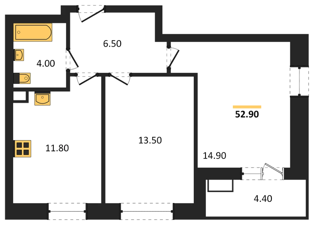 Планировка: 2-комн., 52,9 м²