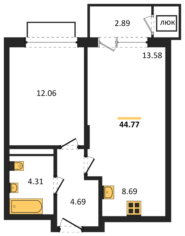 Планировка: 1-комн., 44,8 м²