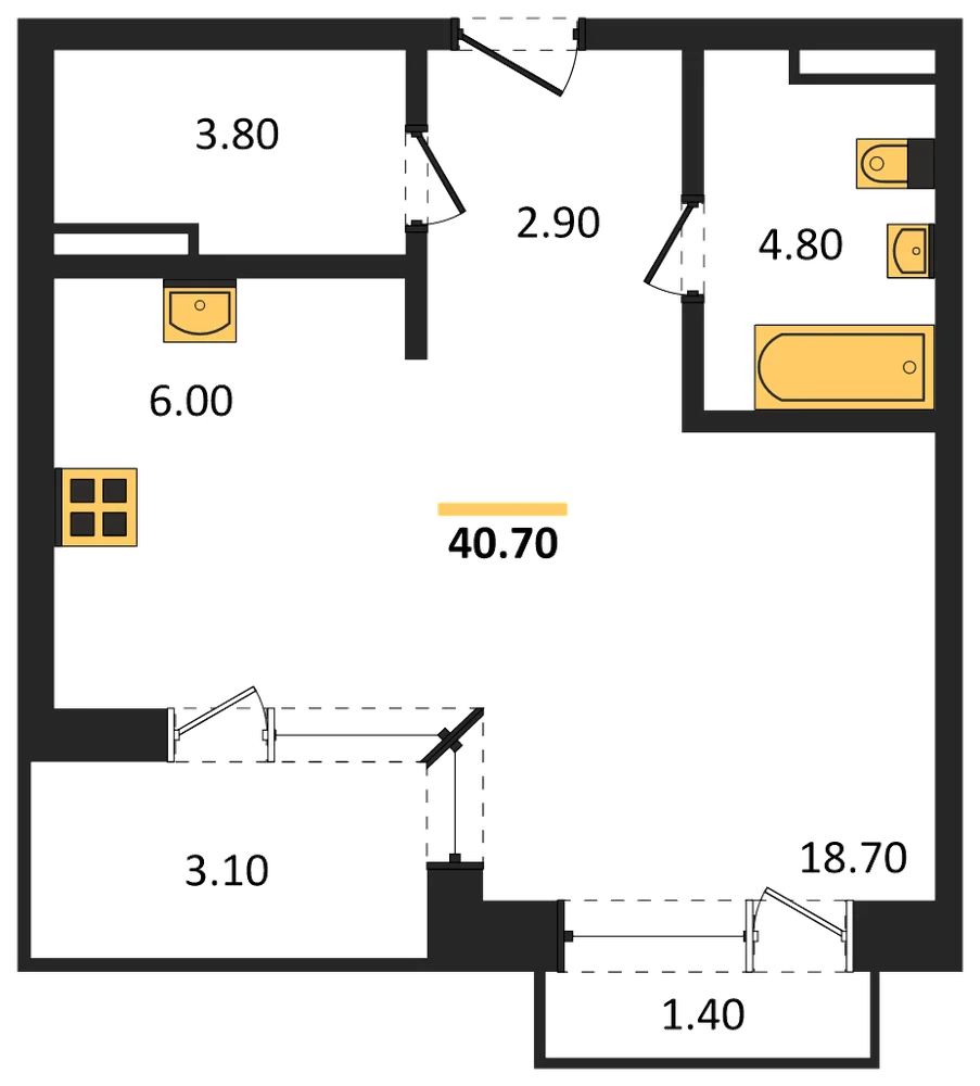 Планировка: Студия, 40,7 м²