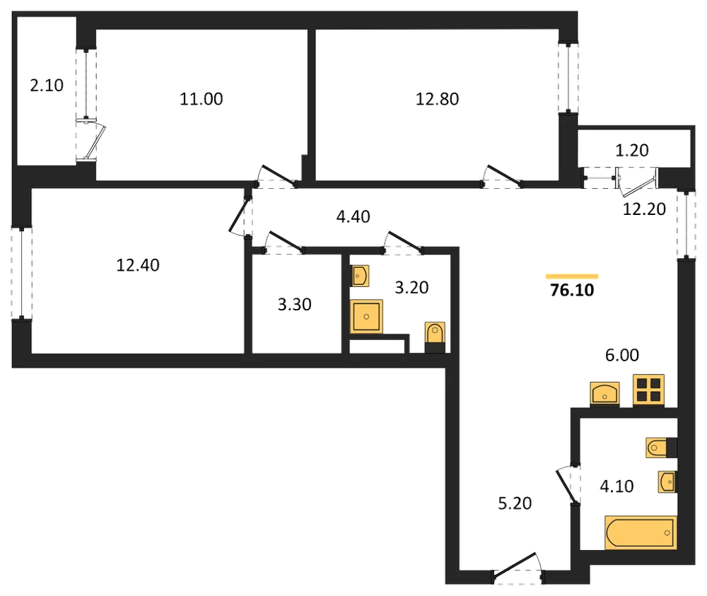 Планировка: 3-комн., 76 м²