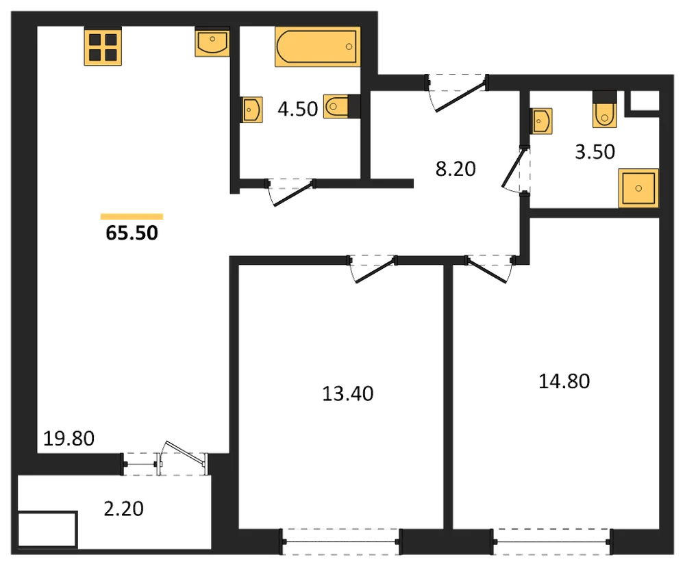 Планировка: 2-комн., 65,5 м²