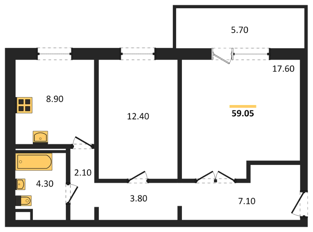 Планировка: 2-комн., 59,1 м²