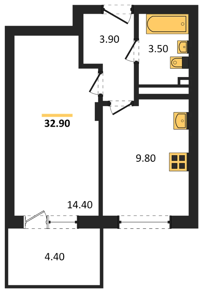 Планировка: 1-комн., 32,9 м²