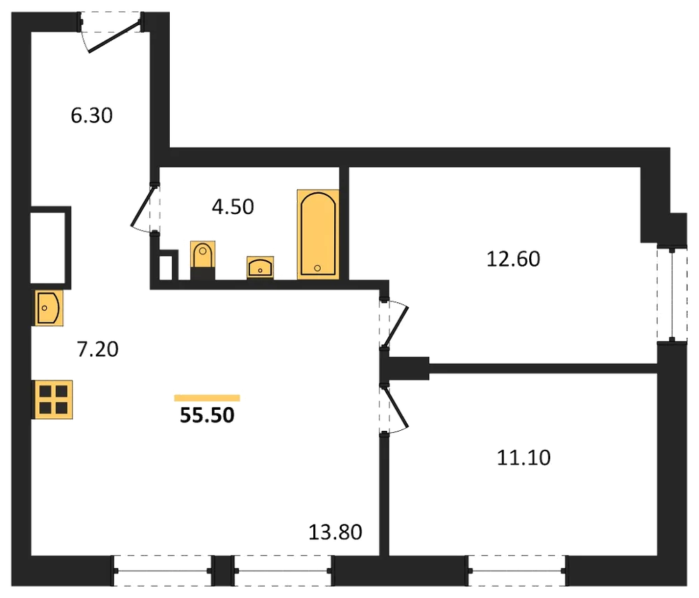 Планировка: 2-комн., 55,5 м²