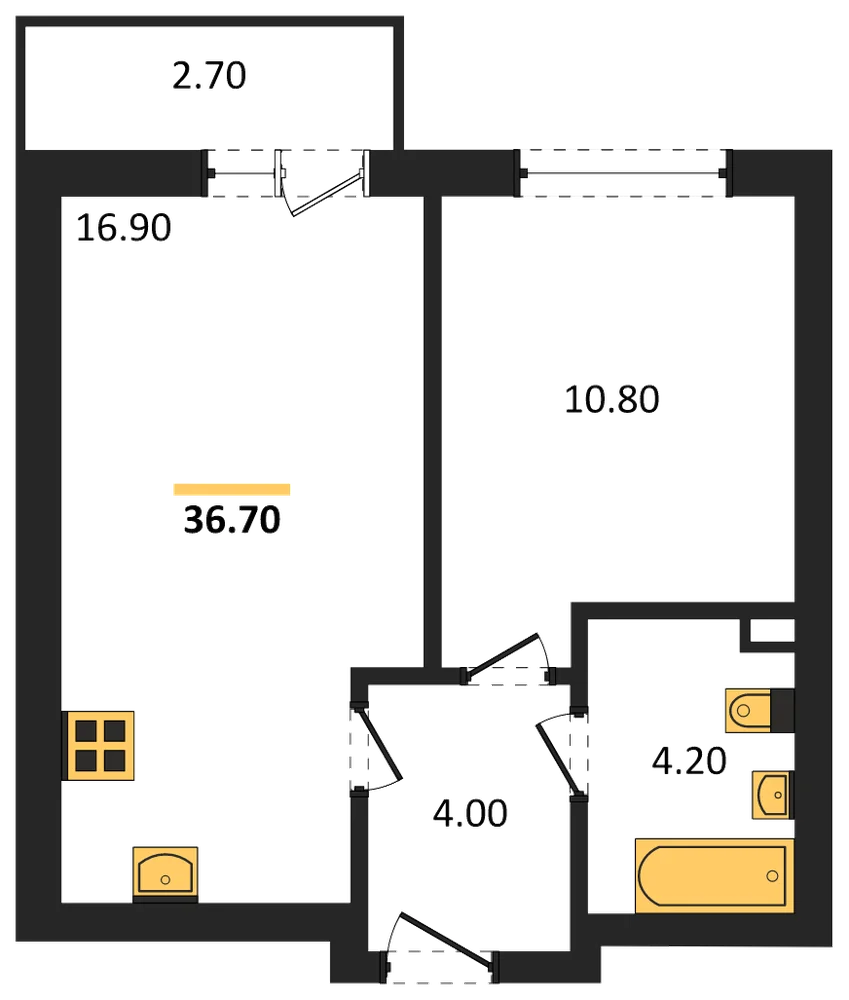 Планировка: 1-комн., 36,7 м²