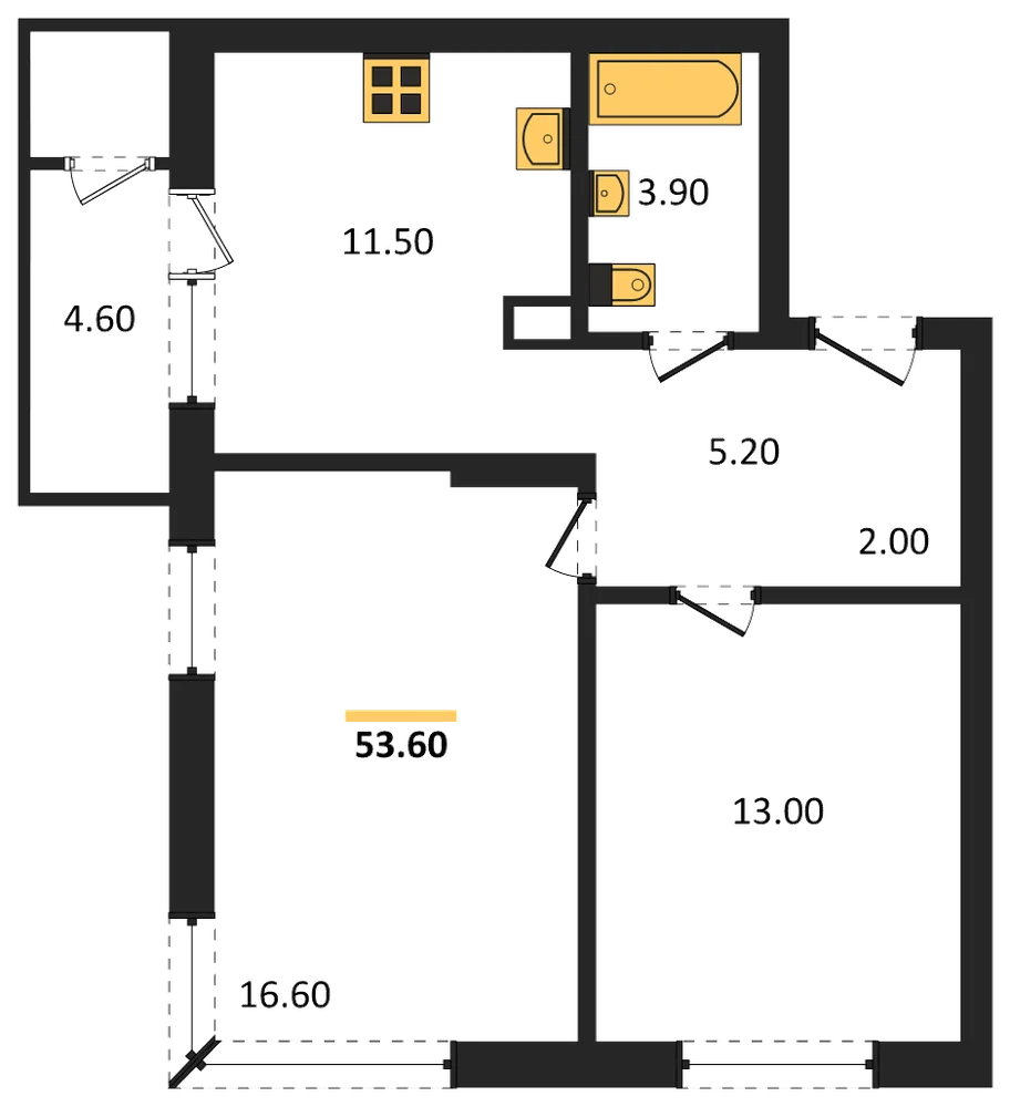Планировка: 2-комн., 53,6 м²