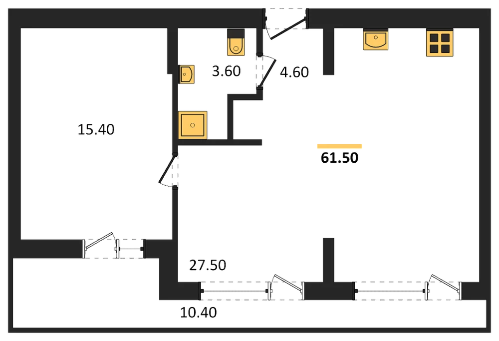 Планировка: 1-комн., 61,5 м²