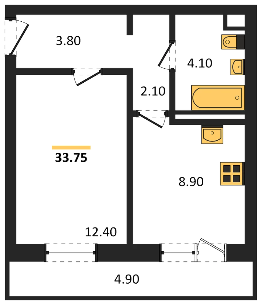 Планировка: 1-комн., 33,8 м²