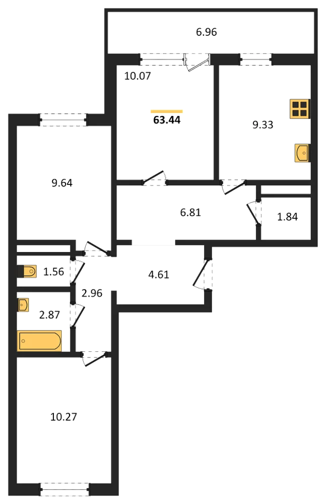 Планировка: 3-комн., 63,4 м²