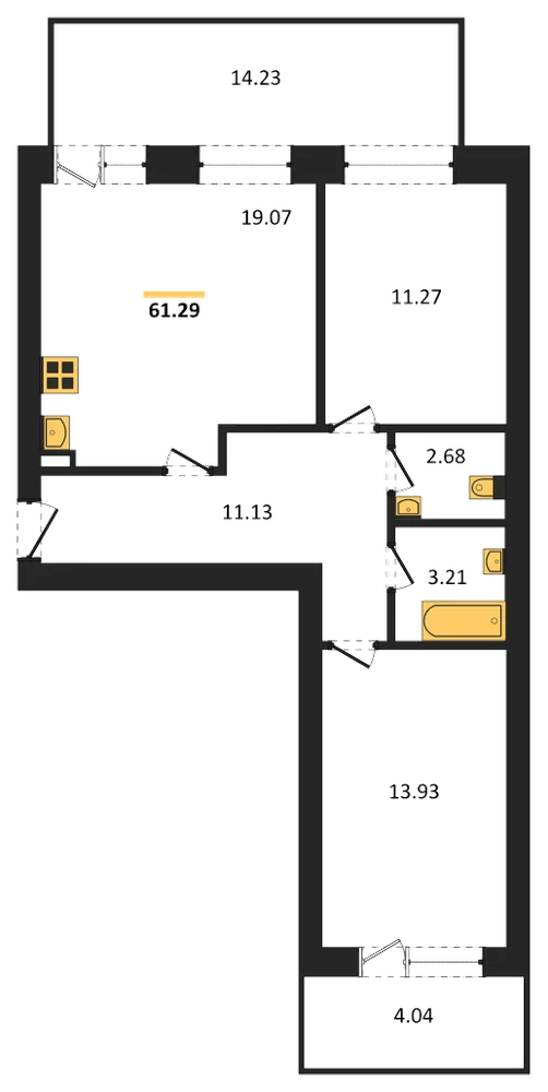 Планировка: 2-комн., 61 м²