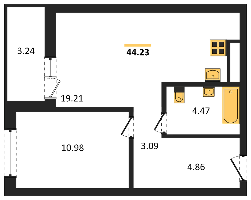 Планировка: 1-комн., 44,2 м²