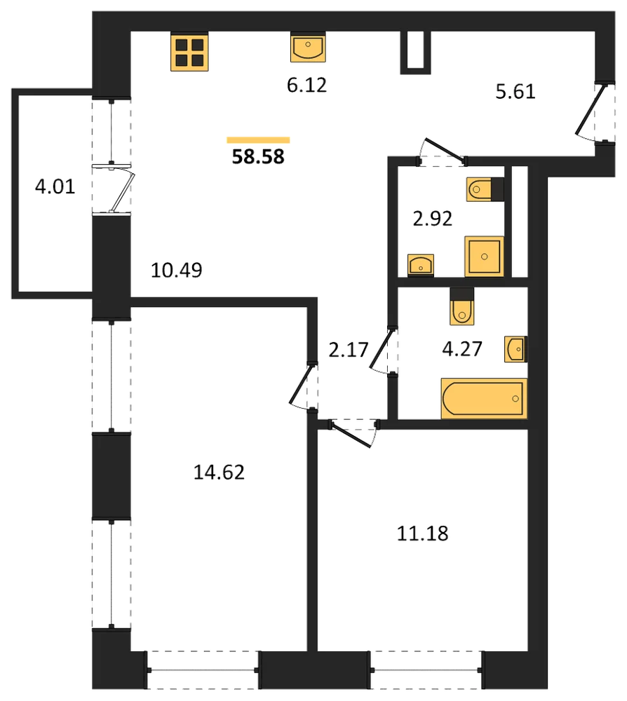 Планировка: 2-комн., 58,6 м²