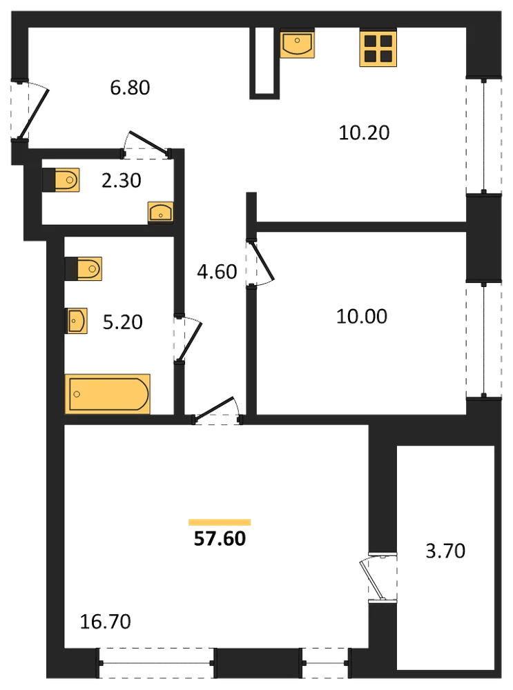 Планировка: 2-комн., 57,6 м²