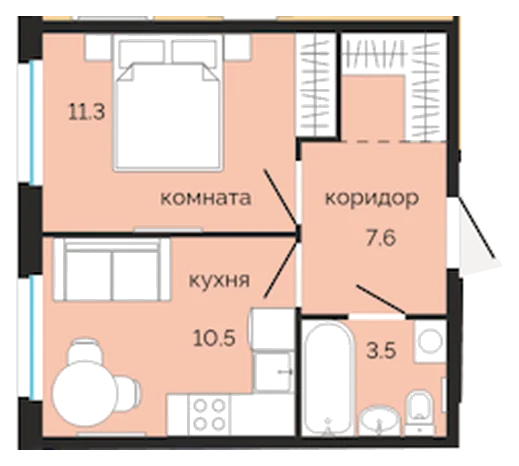 Планировка: 1-комн., 32,9 м²