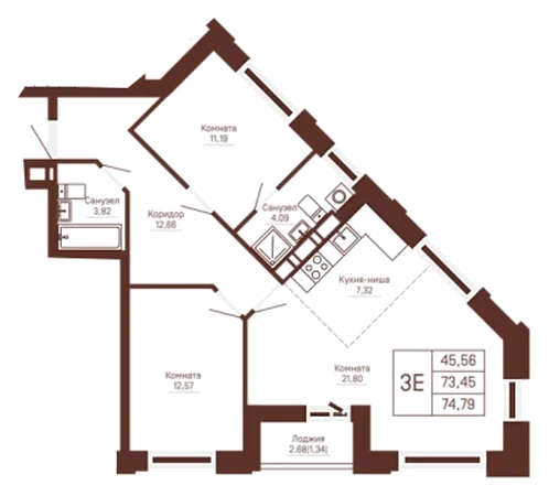 Планировка: 2-комн., 74,8 м²