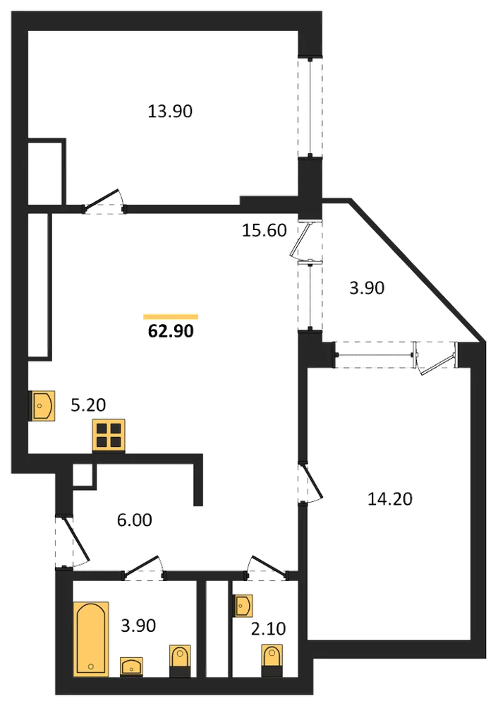 Планировка: 2-комн., 62,9 м²