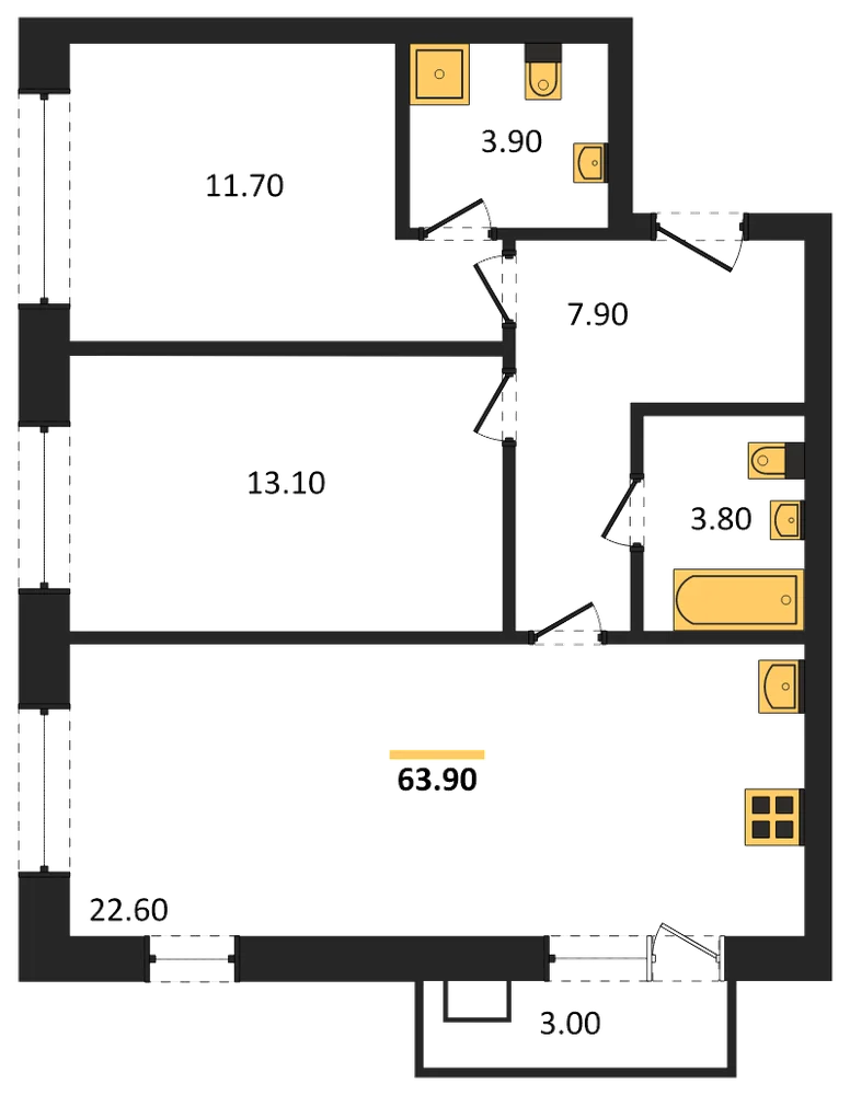 Планировка: 2-комн., 63,9 м²