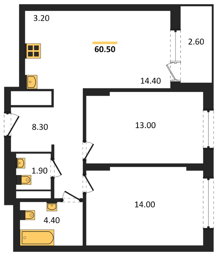 Планировка: 2-комн., 60,5 м²