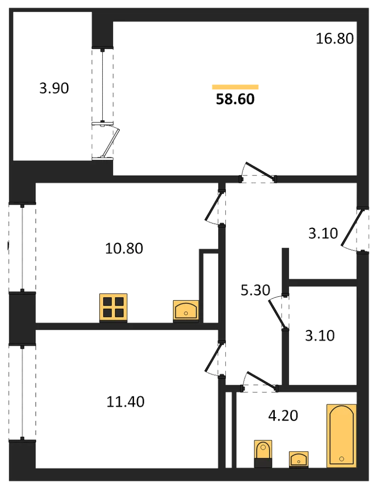 Планировка: 2-комн., 58,6 м²
