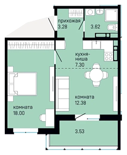 Планировка: 1-комн., 48,1 м²