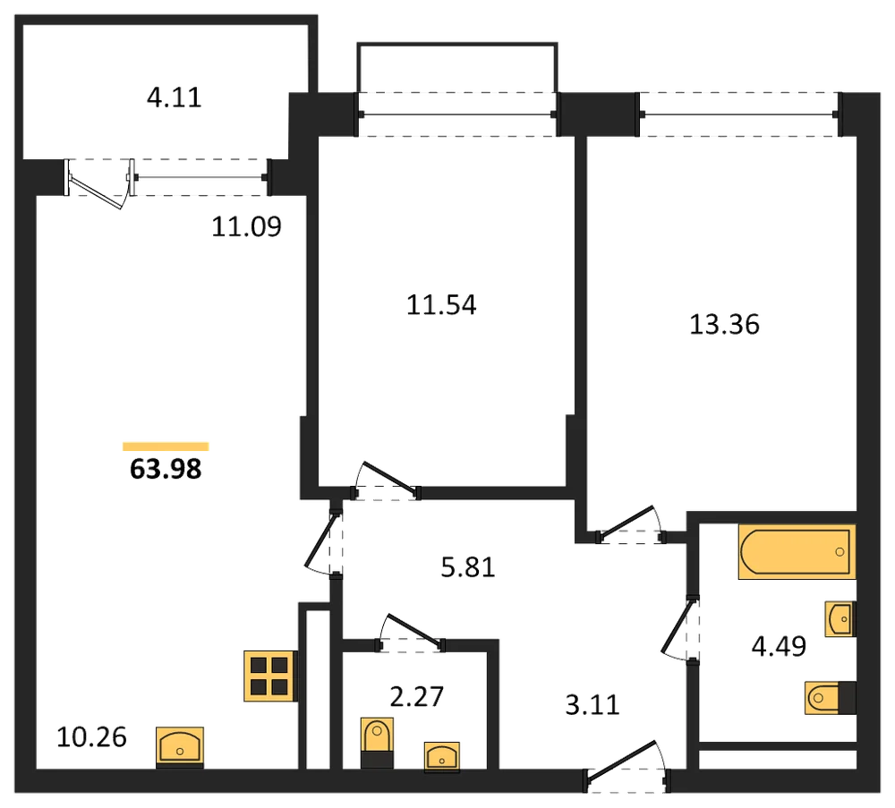 Планировка: 2-комн., 64 м²