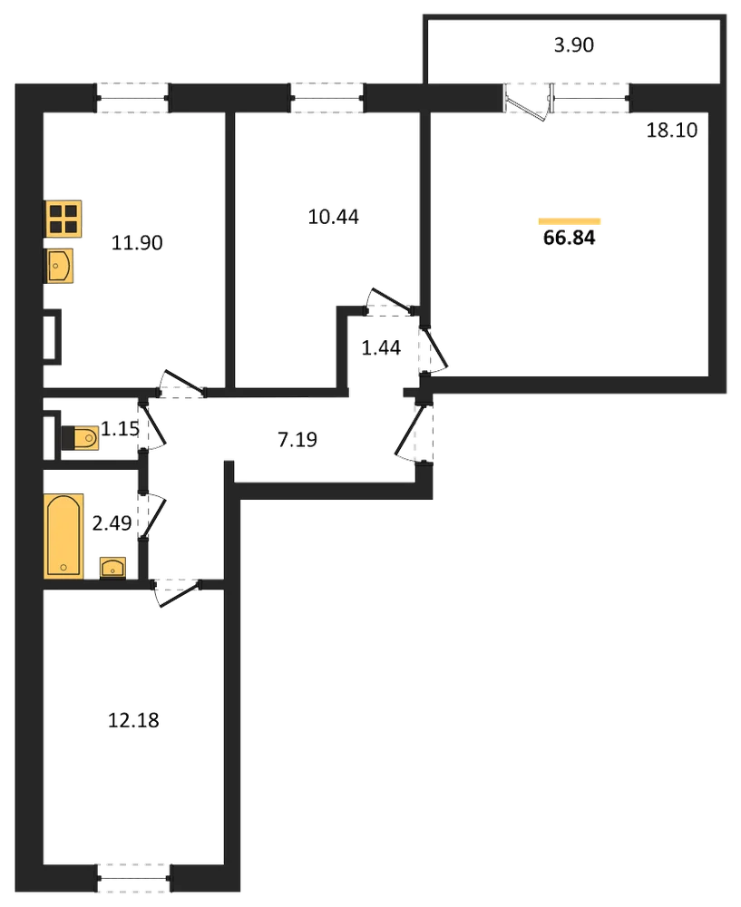 Планировка: 3-комн., 66,8 м²