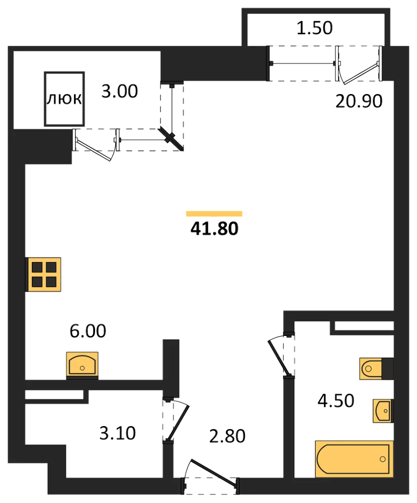 Планировка: Студия, 41,8 м²