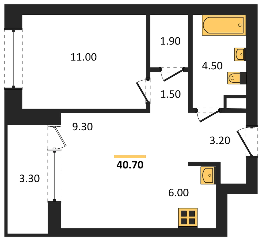 Планировка: 1-комн., 40,7 м²