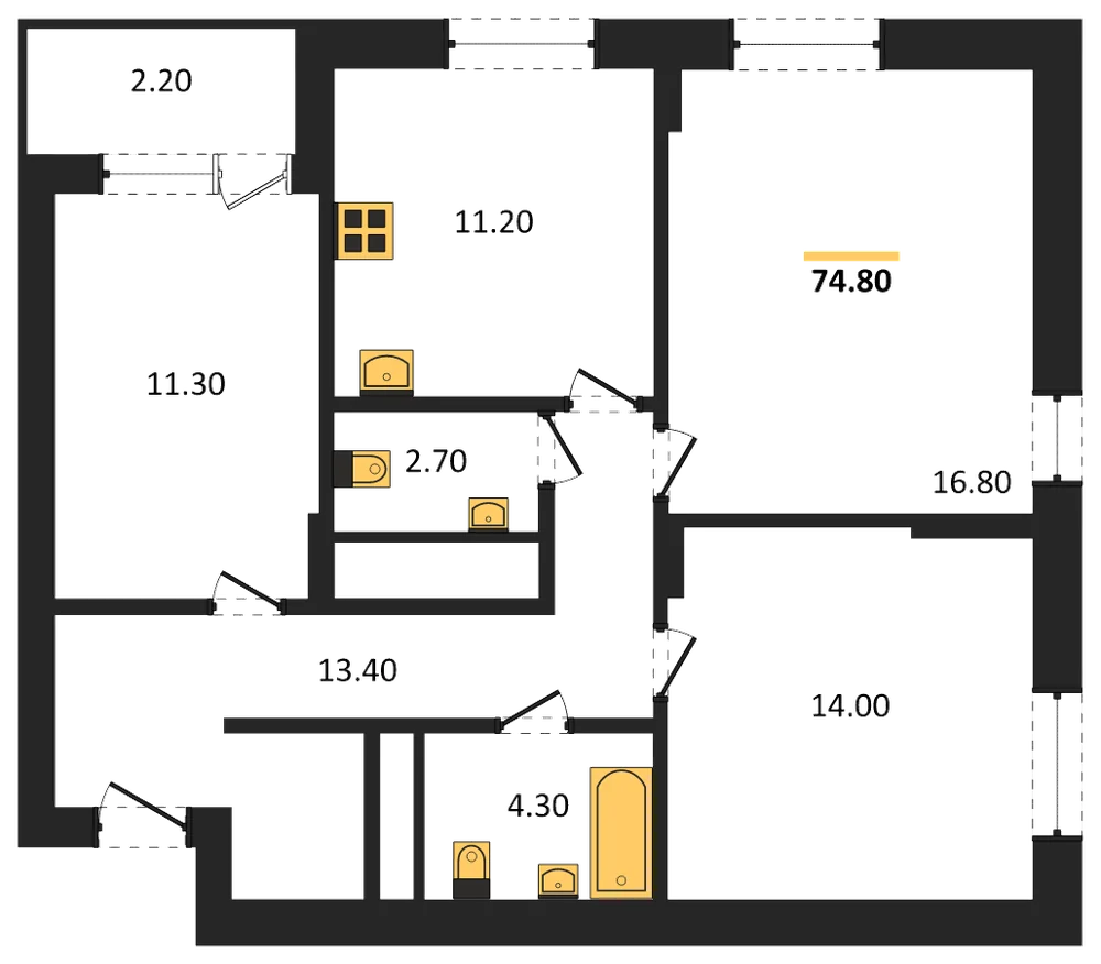 Планировка: 3-комн., 74,8 м²