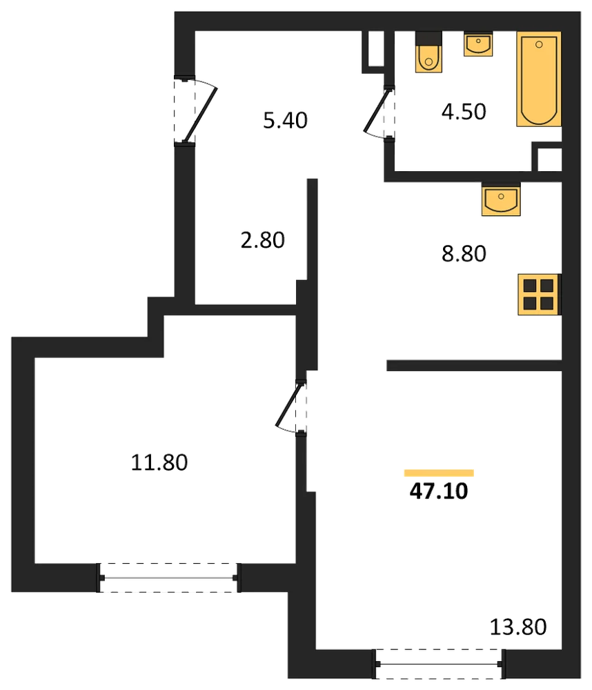 Планировка: 1-комн., 47,1 м²